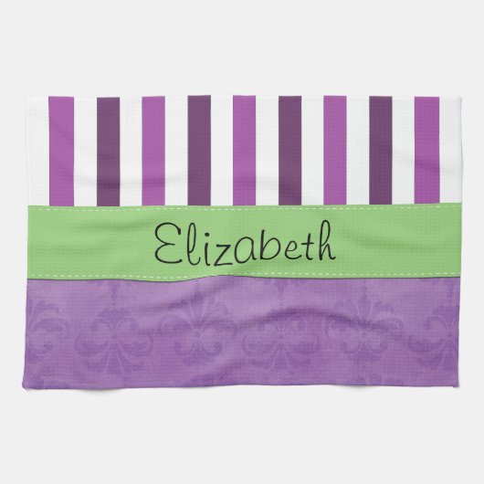Linge De Cuisine Purple Damask, Purple Stripes, Stripe, Votre Nom (Horizontal)