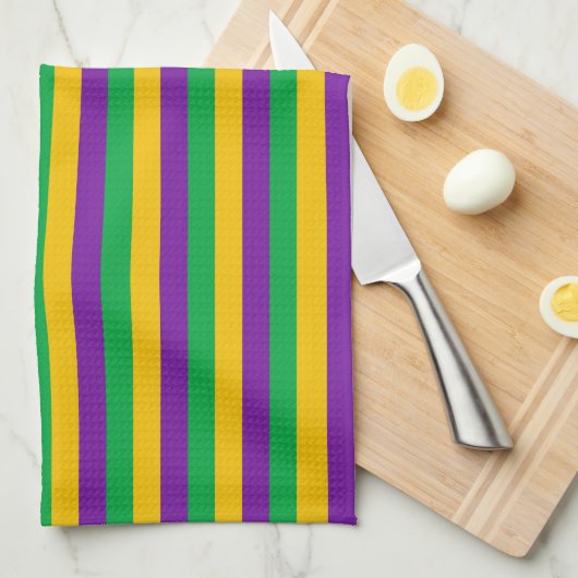 LINGE DE CUISINE PURPLE VERT JAUNE MARDI GRAS STRIPES (Quart Plié)