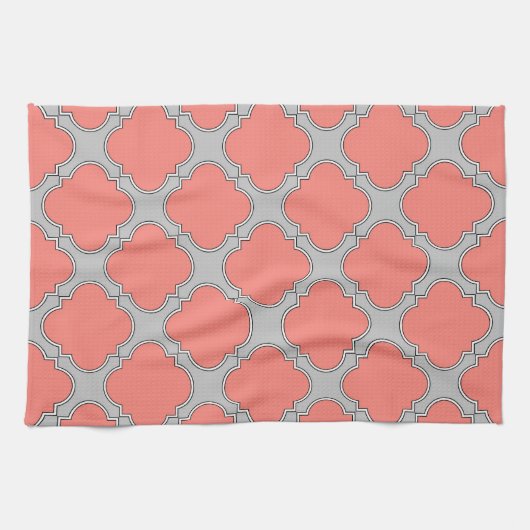 Linge De Cuisine Quatrefoil corail et gris (Horizontal)