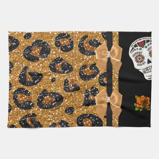 Linge De Cuisine RAB Rockabilly Gold Leopard Print Sugar Skulls (Horizontal)