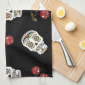 Linge De Cuisine RAB Rockabilly Sugar Skulls Cherries On Black (Quart Plié)