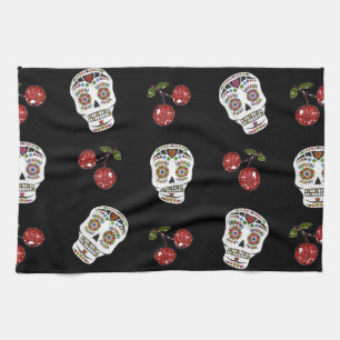 Linge De Cuisine RAB Rockabilly Sugar Skulls Cherries On Black