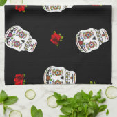 Linge De Cuisine RAB Rockabilly Sugar Skulls Roses On Black (Plié)