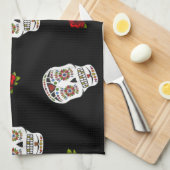 Linge De Cuisine RAB Rockabilly Sugar Skulls Roses On Black (Quart Plié)