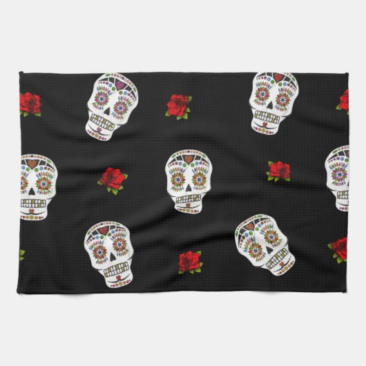 Linge De Cuisine RAB Rockabilly Sugar Skulls Roses On Black (Horizontal)