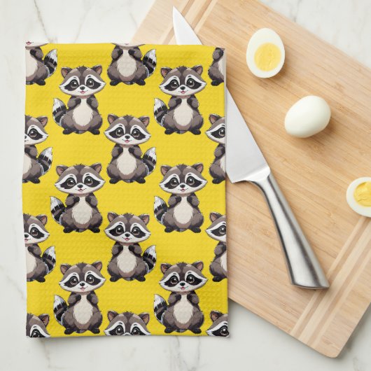 Linge De Cuisine Raccoon Pattern Design Yellow  (Quart Plié)