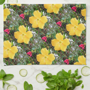 Linge De Cuisine "Radiance Dorée : Fleur d'Hibiscus Jaune sur un Ar