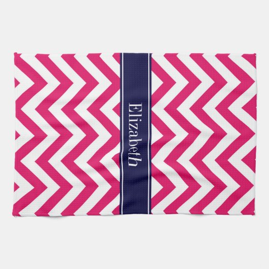 Linge De Cuisine Raspberry Lg Chevron Marine Nom bleu Monogramme (Horizontal)