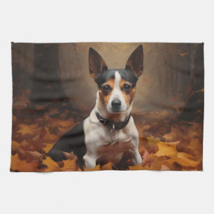 Linge De Cuisine Rat Terrier dans les feuilles d'automne qui tomben
