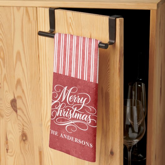 Linge De Cuisine Rayure aquarelle Joyeux Noël Script (Pliage en tiers)
