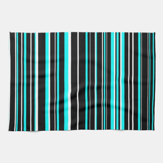 Linge De Cuisine Rayure de code-barres Aqua Bleu, Noir et Blanc (Horizontal)