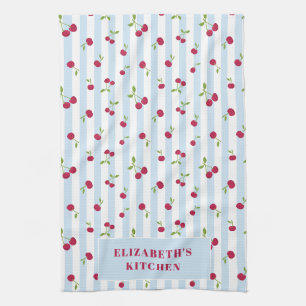 Linge De Cuisine Rayures Bleues Cerise Personnalisées Rétro Mignon