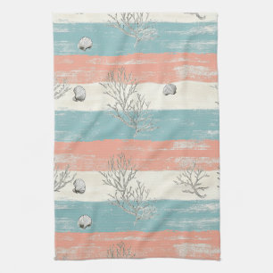 Linge De Cuisine Rayures bleues et pêche en détresse avec coquillag