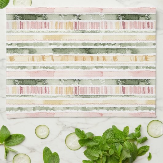 Linge De Cuisine Rayures Crème Vert Rose (Plié)