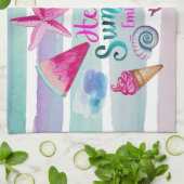 Linge De Cuisine Rayures de plage de monogramme d'été d'aquarelle (Plié)