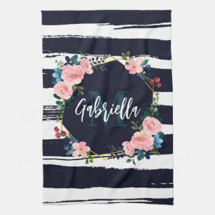 Linge De Cuisine Rayures Et Monogramme De Cadre Floral