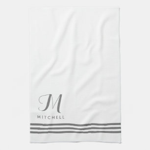 Linge De Cuisine Rayures et monogramme sophistiqués blancs et gris