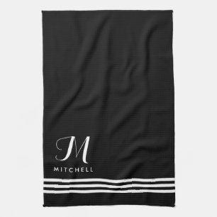 Linge De Cuisine Rayures et monogramme sophistiqués noirs et blancs