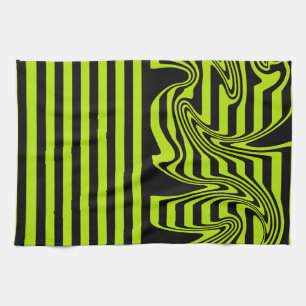 Linge De Cuisine Rayures et Tourbillons - Vert Citron et Noir