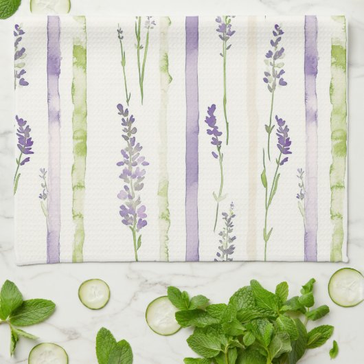 Linge De Cuisine Rayures Florales Vert Lilas (Plié)