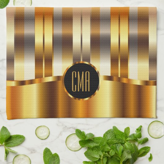Linge De Cuisine Rayures métalliques d'or de monogramme (Plié)