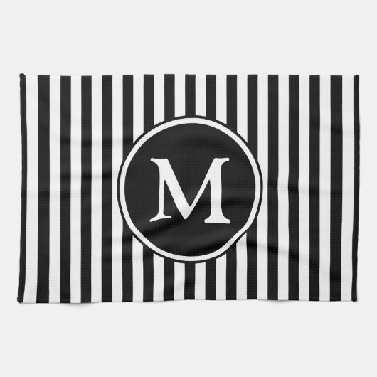 Linge De Cuisine Rayures Noir Et Blanc Monogramme Moderne (Horizontal)