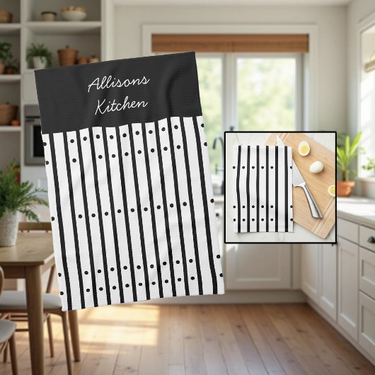 Linge De Cuisine Rayures noires et blanches avec des points. Sur me