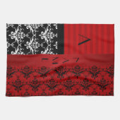 Linge De Cuisine Rayures rouges de damassé de nom et de monogramme (Horizontal)