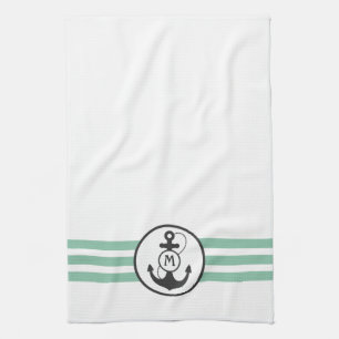 Linge De Cuisine Rayures vert clair avec le monogramme d'Ancre