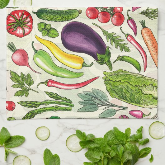 Linge De Cuisine Récolte de légumes et d'herbes sur le blanc (Plié)