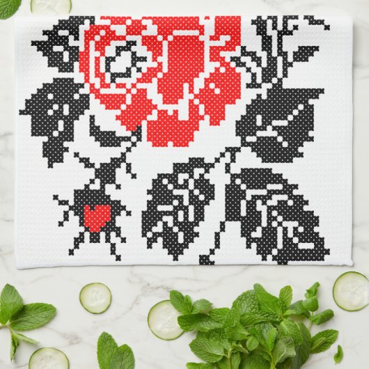 Linge De Cuisine Red & Black Rose cross-stitch Russian Pattern (Plié)