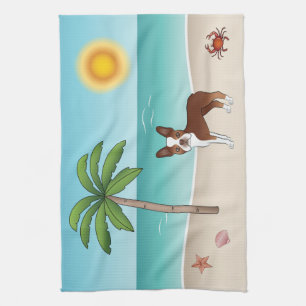 Linge De Cuisine Red Boston Terrier À Une Plage Tropicale D'Été
