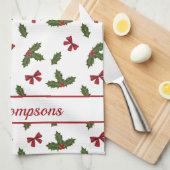 Linge De Cuisine Red Bows Et Noël Holly Plante Motif & Texte (Quart Plié)