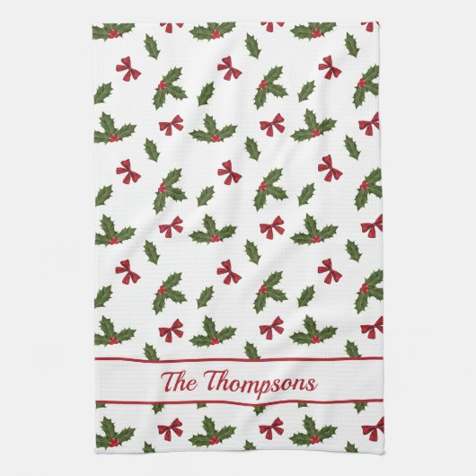 Linge De Cuisine Red Bows Et Noël Holly Plante Motif & Texte (Vertical)