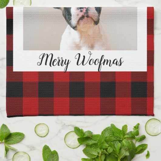 Linge De Cuisine Red Buffalo Plaid & Joyeux Woofmas Avec Photo Chie (Plié)