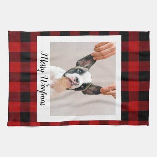 Linge De Cuisine Red Buffalo Plaid & Joyeux Woofmas Avec Photo Chie (Horizontal)