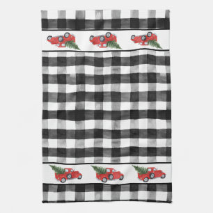 Linge De Cuisine Red Christmas Truck Arbre de Noël Black Check