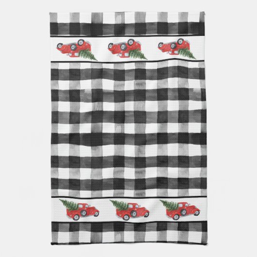 Linge De Cuisine Red Christmas Truck Arbre de Noël Black Check (Vertical)