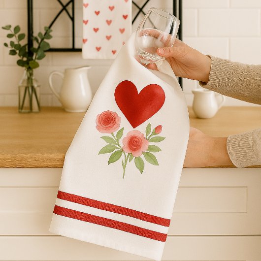 Linge De Cuisine Red Heart Pink Roses Valentine's Day