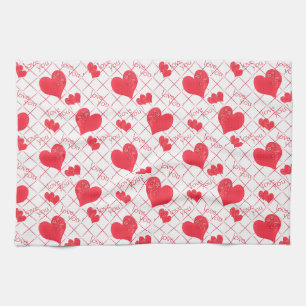 Linge De Cuisine Red hearts, texte, love you, red and white.