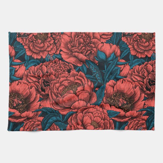 Linge De Cuisine Red peony flowers and moths (Horizontal)