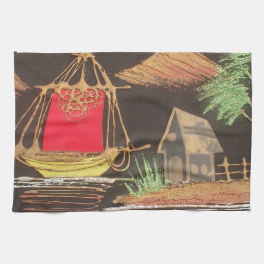 Linge De Cuisine Red Sailboat Paysage peinture à l'huile Imprimer (Horizontal)