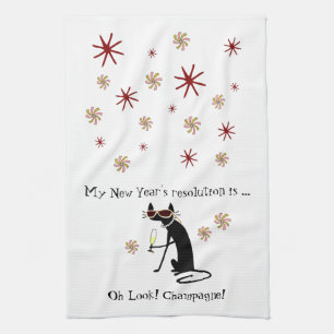 Linge De Cuisine Regarde ! Champagne! Chat du Nouvel An