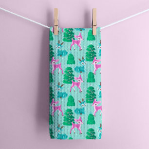 Linge De Cuisine Reindee de Noël rétro vintage sur Aqua