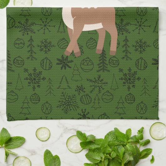 Linge De Cuisine Reindeer - motif vert monogramme (Plié)