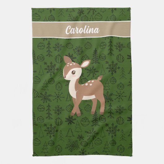 Linge De Cuisine Reindeer - motif vert monogramme (Vertical)