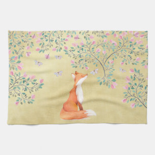 Linge De Cuisine Renard avec papillons et fleurs roses