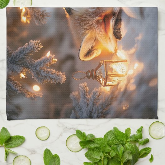 Linge De Cuisine Renard couché sous Branches neigeuses (Plié)