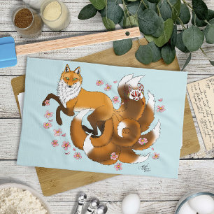 Linge De Cuisine Renard Kitsune Fantaisiste Fleurs de Cerisier Bleu