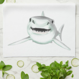 Linge De Cuisine requin aquarelle souriant gris vert océan animal